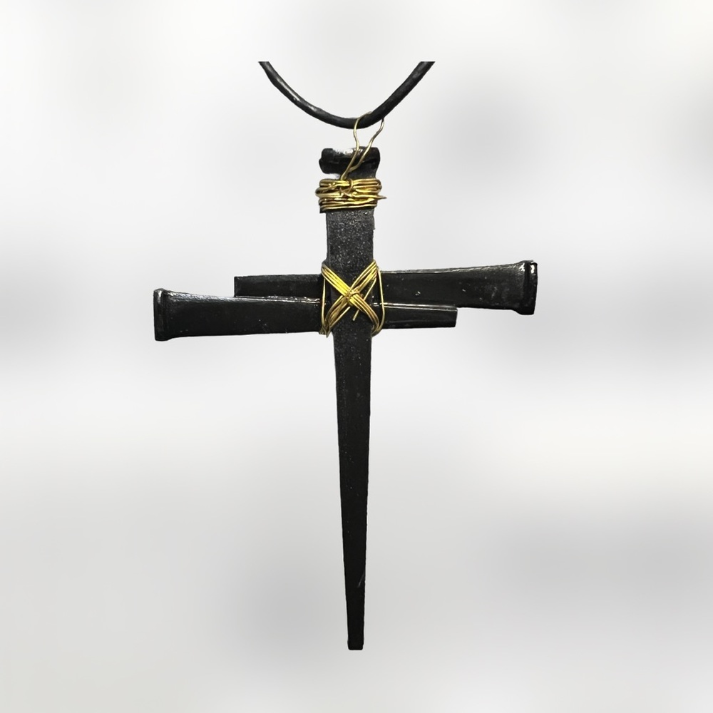 Christian cross with faux nails wrapped in gold plated wire and black necklace